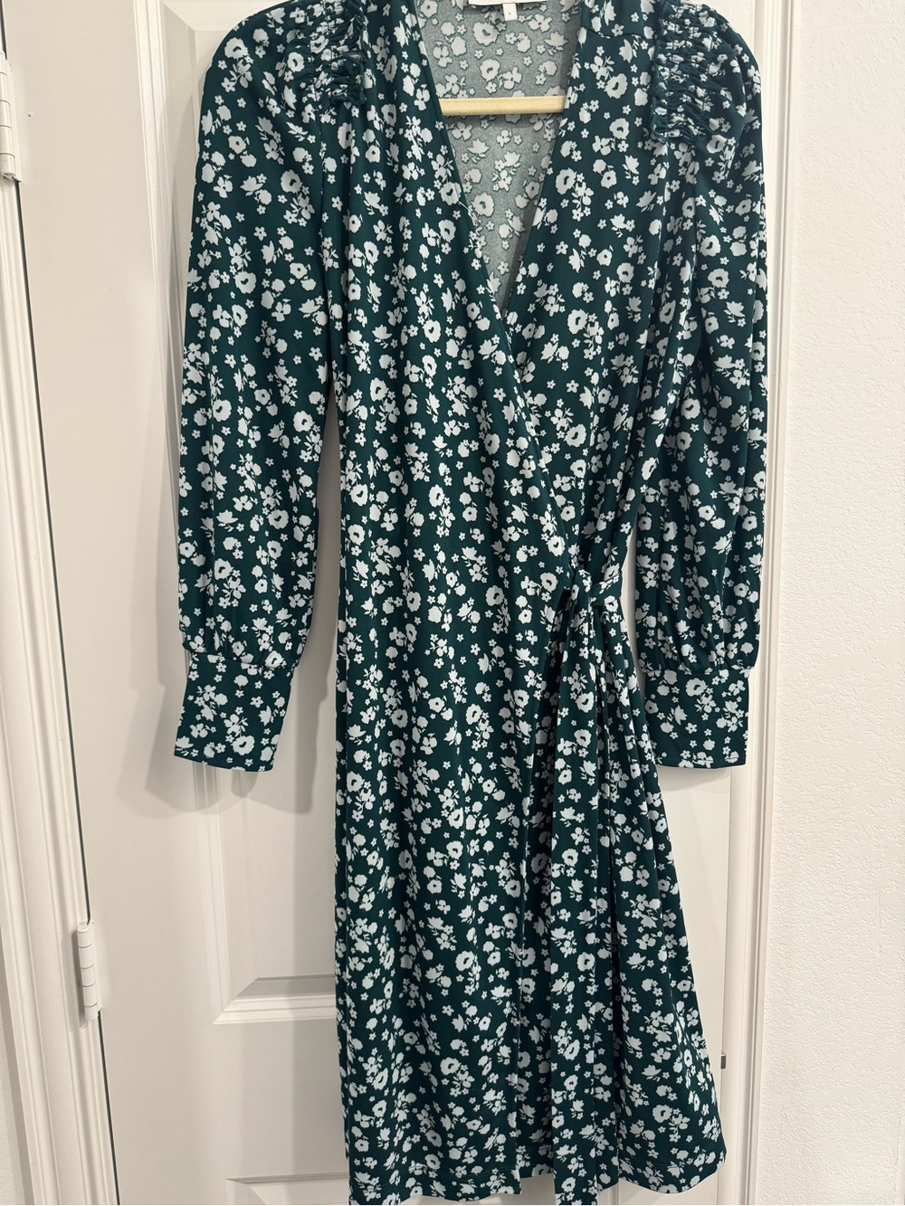 Lark & Ro Teal Green Floral Wrap Dress with White Print